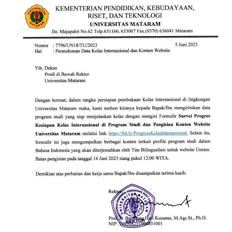 Permohonan Data Kelas Internasional Fpunram
